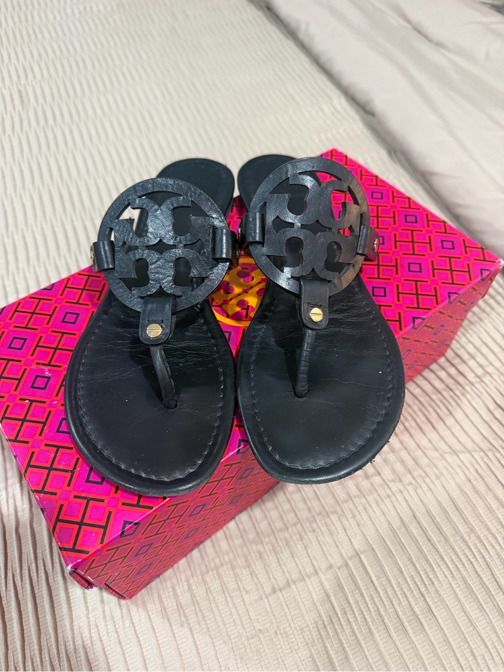 Tory Burch Black Leather Logo Thong Sandals